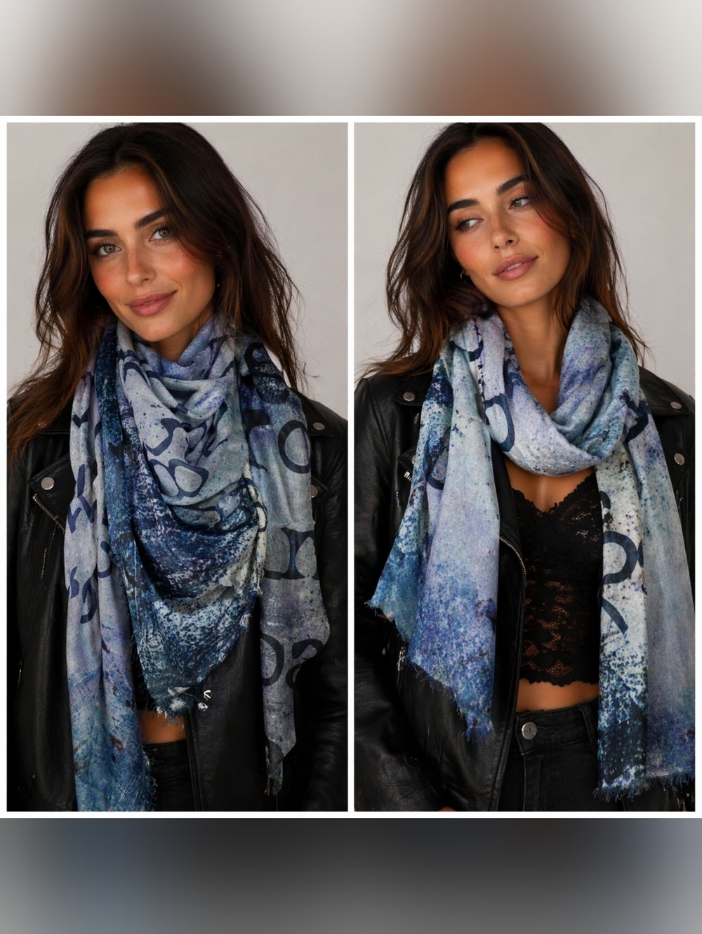 SUZI ROHER Text Print Fringed Scarf in Blue and Gray